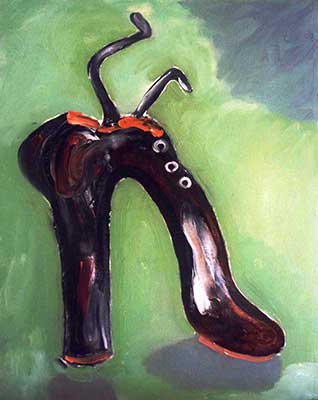 Olieverf schilderij, bruine schoen in groen van Nella Montfoort