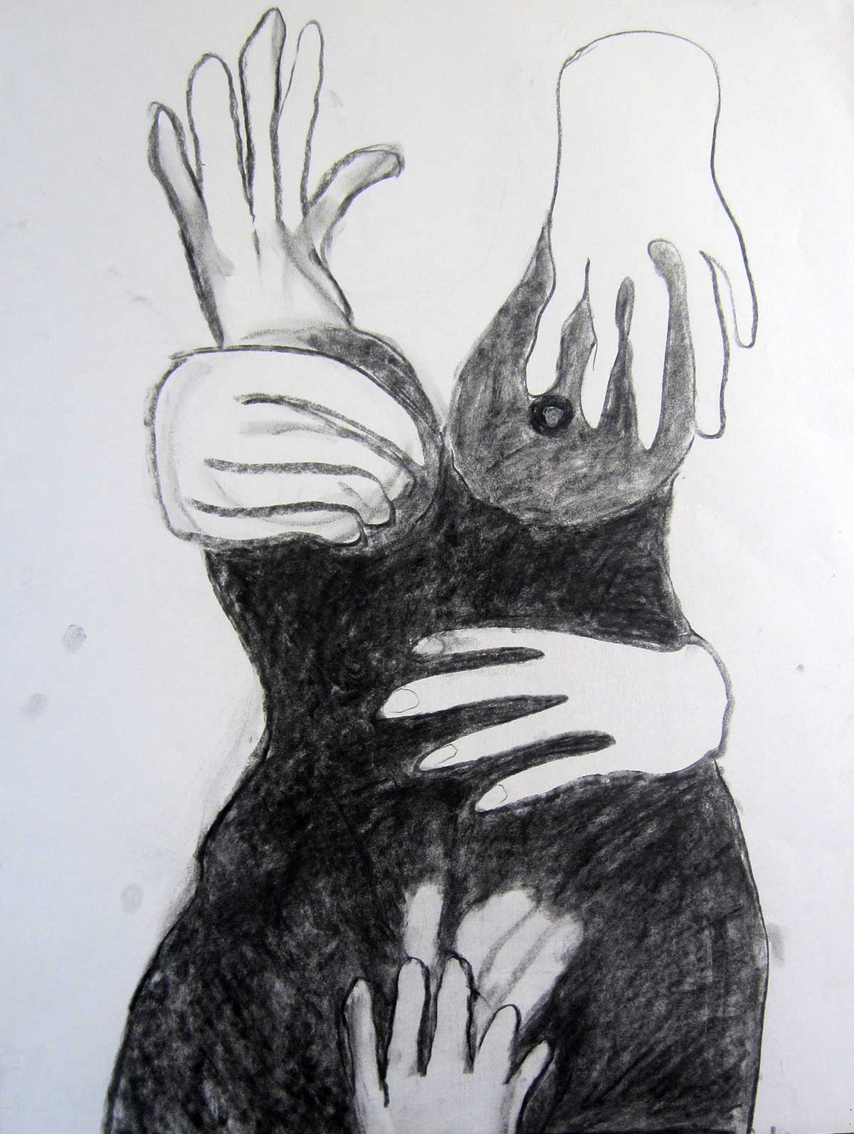 handen op torso, houtskool